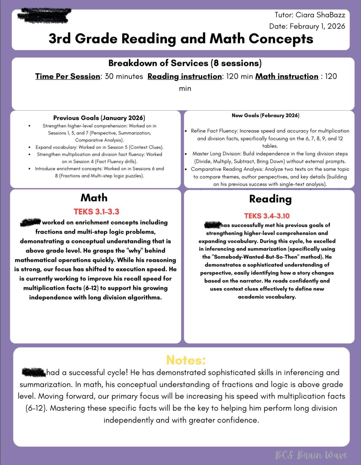 Sample student progress report showing reading and math growth tracking